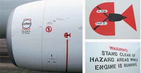 发动机侧面醒目标注危险区域